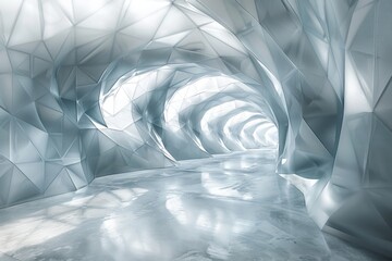 Poster - This image features an artistic conceptual white tunnel made of geometric shapes, exuding calm and space