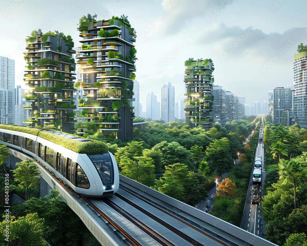 Eco-friendly city with green roofs and electric transport, a model of ...