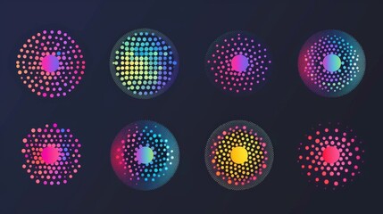 Poster - A realistic set of radial gradient spots isolated on a transparent background. Modern illustration of rainbow color dots, light refraction effect, and holographic blurred circles.