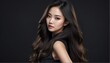 © Arceli - beautiful asian female fashion model with flowing long hair close-up portrait posing on plain black background from Generative AI