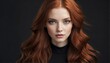 © Arceli - beautiful redhead female fashion model with flowing long hair close-up portrait posing on plain black background from Generative AI