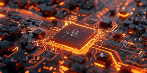 Aufkleber - Configure Technology Concept with tool symbol on a Microchip. Orange Neon Data flows between the CPU and the User across a Futuristic Motherboard.
