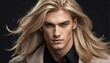 handsome blonde male fashion model with flowing long hair close-up portrait posing on plain black background from Generative AI