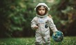 Girl wearing astronaut costume holding cut out of earth standing on grass
