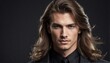 handsome caucasian male fashion model with flowing long hair close-up portrait posing on plain black background from Generative AI
