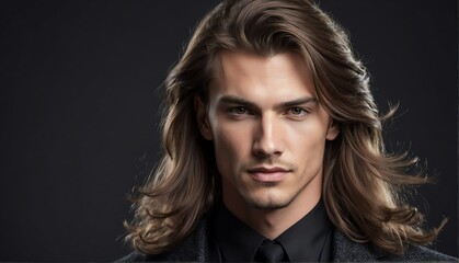Wall Mural - handsome caucasian male fashion model with flowing long hair close-up portrait posing on plain black background from Generative AI