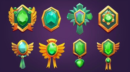 Poster - a cartoon set of emerald-colored game rank badges isolated on a white background. modern illustratio