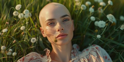 Wall Mural - eautiful young bald contemplative woman in the meadow with fresh green grass