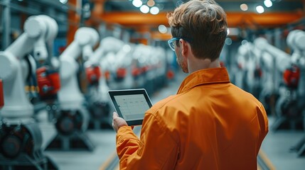 Leinwandbilder - Production shop floor manager holding a tablet overseeing the modern robot arms. Generative AI.