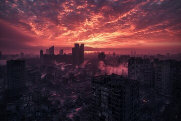 Wall Mural - Aerial view of a citys tall buildings silhouetted against a vibrant sunset sky
