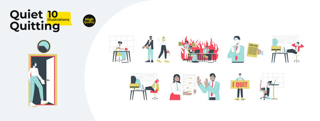 Fototapete - quiet quitting line cartoon flat illustration bundle. diverse gen z employees refusing overwork 2d l