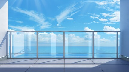 Poster - A 3D glass balcony with a window in front of an empty house terrace, with a blue sky in the background, with a view of the sky in the distance.