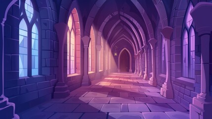 Wall Mural - Modern illustration of a corridor perspective inside a medieval palace with large gothic windows, stone walls, and a dark doorway. The path leads to a dungeon.