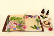 Preparing aromatherapy essential oil with flowers, herbs, wildflowers used in natural herbal medicine remedies with tincture bottles, recipe notebook on hemp paper background.
