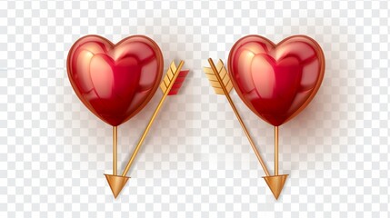 Poster - 3D gold and red heart balloon icon with arrow modern isolated on transparent background. Shiny and glossy Valentine's Day shape elements. Cupid balloon dimensional symbol clipart collection.
