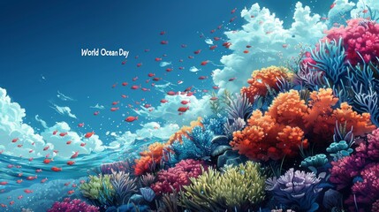 Wall Mural - Vibrant Underwater Scene Celebrating World Ocean Day with Colorful Coral and Fish