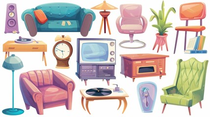 Wall Mural - The set includes a vintage sofa, armchair, old tv, record player, floor lamp, vinyl records and clock. A modern cartoon illustration of retro furniture for home interior.