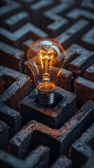 Poster - Glowing Light Bulb at Center of Intricate Maze Symbolizing Problem Solving and Creative Thinking