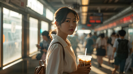 Wall Mural - Happy young japan asian woman with takeaway ice coffee at subway station