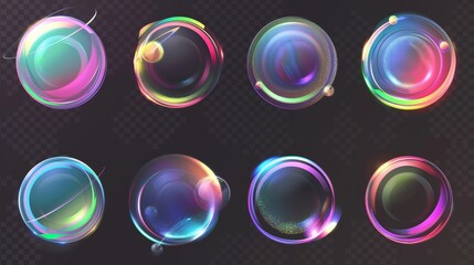 Poster - Abstract gradient spots isolated on transparent background with rainbow color dots and light refraction effects. Holographic blurred circles. Abstract design elements.