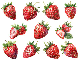 Wall Mural - Watercolor set of strawberries. 