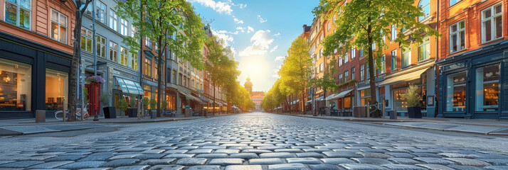 empty urban street in city,  empty street with paving road and building background, street in the town, a street with buildings 