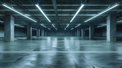 Poster - empty underground parking lot with neon lights