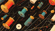 Black sewing threads as background 2d flat cartoon