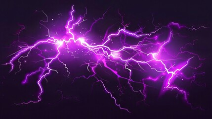 Aufkleber - Lightning bolt pattern on transparent background. Modern illustration of neon purple cracks, electric discharge on a dark sky, thunderstorm flash lights, destructive magic power strike.