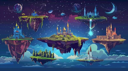 Wall Mural - In the night sky, floating islands are abound with castles, waterfalls, and an aurora sky. Modern illustration of pieces of land flying, green grass and stones, fairy tale palace building. Game