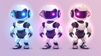 Poster - Modern cartoon illustration of cute ai robot character level evolution for game tech. Future timeline upgrade of computer technology for exoskeleton programming. An artificial intelligence companion.