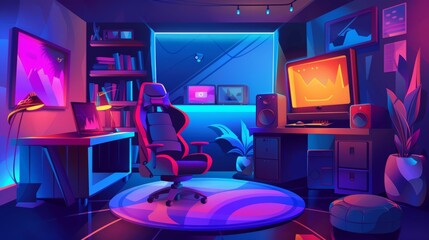 An illustration of a gamer tournament night cartoon. A video game console, TV, and joystick are part of an interior design for the streamer's room. An advertisement style for an online lounge created