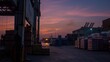 A portside warehouse at sunset, where crates of goods are stacked high against the backdrop of the fading light