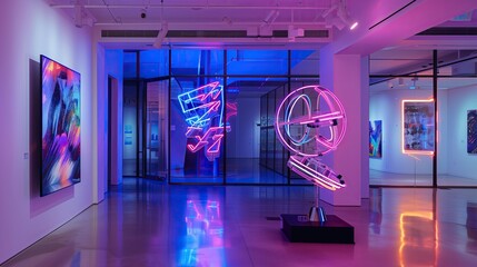 A contemporary art gallery entrance with a kinetic sculpture and neon signage