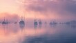 A seaport at dawn, with mist rising from the water and ships anchored in the harbor