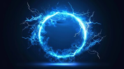 Poster - Bolt circle with lightning explosion modern effect. Electric thunder power ball discharge. 3D neon thunderstorm blast laser element. Transparent spark fireball hit illustration.
