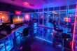 View of a cyberpunk office interior filled with numerous computer monitors, creating a futuristic and high-tech atmosphere with neon lights and holographic displays