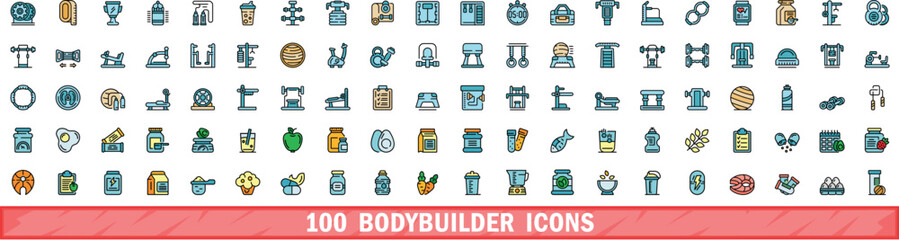 Poster - 100 bodybuilder icons set. color line set of bodybuilder vector icons thin line color flat on white
