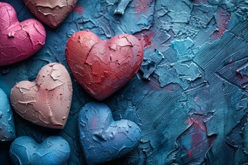 Poster - A close-up of textured hearts in pink, red, and blue hues on a textured blue background