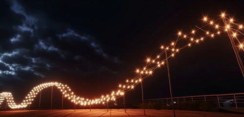 Wall Mural - A panoramic shot of a light installation, with LED lights forming an ascending graph against the night sky.