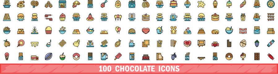 Poster - 100 chocolate icons set. Color line set of chocolate vector icons thin line color flat on white