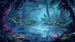 Water pond or lake in spooky woodland landscape illustration. Great wetland landscape with nenuphar scenery, grasses, and marsh plants.