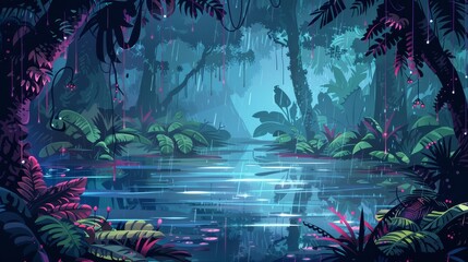 Wall Mural - Water pond or lake in spooky woodland landscape illustration. Great wetland landscape with nenuphar scenery, grasses, and marsh plants.