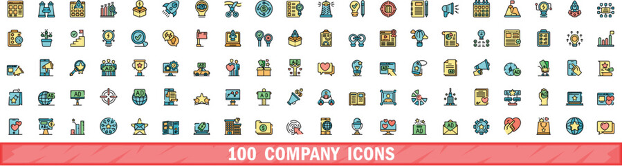 Poster - 100 company icons set. color line set of company vector icons thin line color flat on white