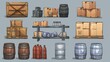 An inventory for logistics warehouses and storage facilities. Cartoon modern illustration set showing wooden containers, open metallic shelves, cardboard parcel boxes, liquid barrels, and plastic