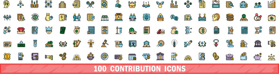 Poster - 100 contribution icons set. Color line set of contribution vector icons thin line color flat on white