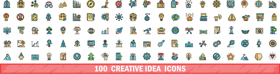 Poster - 100 creative idea icons set. color line set of creative idea vector icons thin line color flat on wh