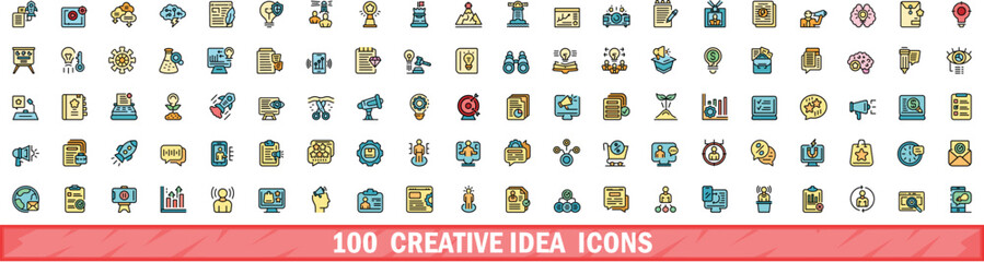 Poster - 100 creative idea icons set. color line set of creative idea vector icons thin line color flat on wh