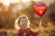 A smiling little girl standing outdoors, holding a heart shaped balloon in Ifmni