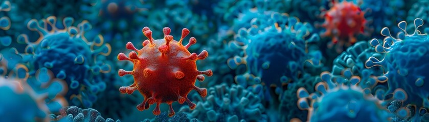 Poster - vivid 3d artwork of red virus mutation among blue ones for epidemiological studies and visualizing g